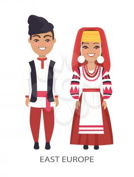 East europe costumes, woman wearing embroidered with red threads dress, man with hat on vector illustration isolated on white background