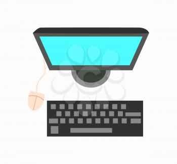 Top view of personal computer with monitor with blue screen, mouse and black and gray keyboard. Vector illustration of icon of PC isolated in white background