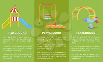 Playground set of posters with childrens slide, sandbox with canopy, ladder and rocket on spin vector illustrations on green background