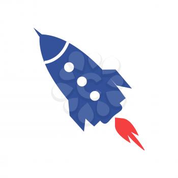 Flat blue rocket icon depicting cartoon spacecraft with three round windows and red flame from engine isolated illustration on white background