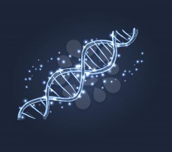 DNA code structure with chromosomes radiate light white glow. Vector illustration of gene code icon isolated on dark blue background