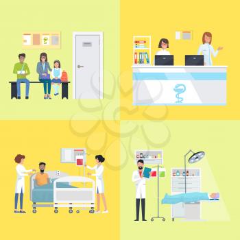 Reception with women by desk, patients on bench. doctor monitors operation and nurses caring for sick person on vector illustration