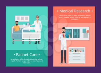 Patient care and medical research, set of pictures with doctors examining ill person accompanied with text sample vector illustration isolated