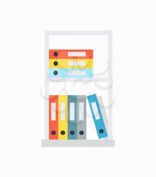 Shelves and document cases of different colours lying on them, organized information collection, of catalogues on vector illustration