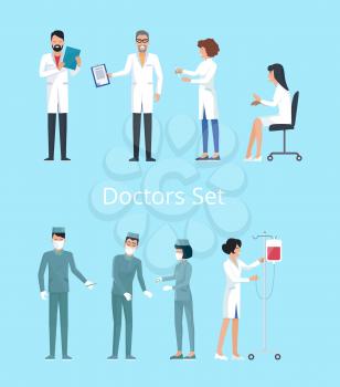 Doctors set of icons, man reading results of analysis, nurse with drop-bottle, woman sitting on chair and surgeons operating vector illustration