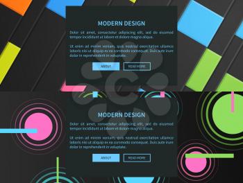 Modern design web pages set of abstract cover pattern with colorful squares and circles, headline sample on bottom of black page vector illustration