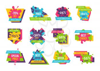 Best price exclusive products, -70 off sale, fantastic offer, stickers set made up of shapes, blots and text, vector illustrations isolated on white