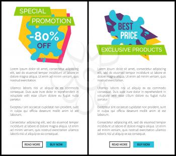 Special promotion -80 off, best price and exclusive products, graphic sticker on sale theme and discounts vector illustration web posters with buttons