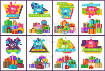 Best sale exclusive products set of posters with discount signs decorated with gifts in wrapping paper. Vector illustration with sale values on white