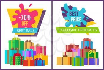 Best sale for exclusive products promotional posters with gift boxes in huge heap isolated cartoon vector illustration on white background.