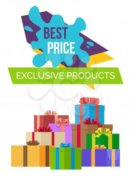 Best price exclusive products premium quality goods choice hot sale web posters, special offer placards with lots of boxes with ribbons and bows vector