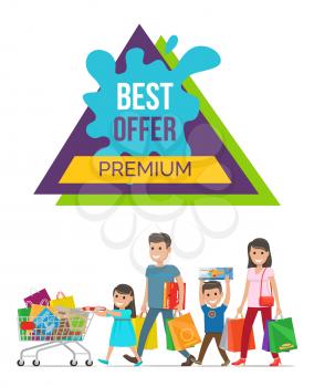 Best offer premium price colorful poster with happy smiling extended family and shopping bags on white background. Vector illustration discount advert