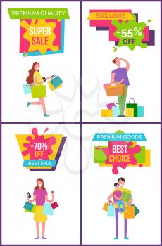 Premium quality and goods, best sale, collection of banners representing customers and their bought stuff in bags vector illustration