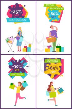-25 off best discount and special promotion -80 off, banners depicting people with bags and presents vector illustration isolated on white