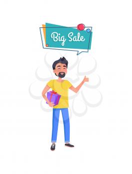 Man with beard with gift box in hands holding gift box and dreaming about big sale in square speech bubble vector illustration isolated on white