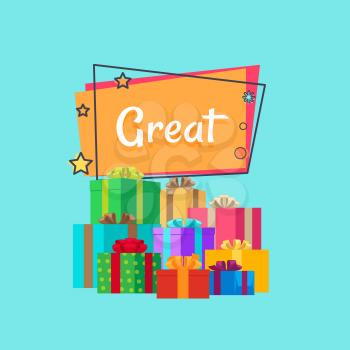 Great sale inscription in square with piles of presents and gift boxes vector illustration isolated on blue background. Best offer discounts