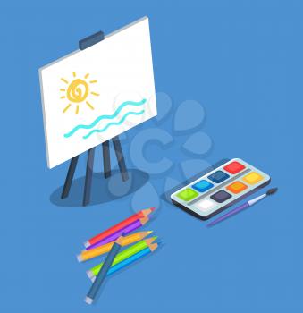 Picture on easel depicted by watercolor paints with brush and pencils. White canvas where drawn abstract sun and sea vector illustration isolated