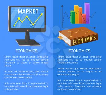 Economics market poster with screen showing rising arrow, book on marketing and chart graphics vector illustrations with text
