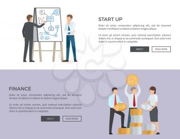 Start up and finance, web pages of people planning business and colleagues holding silver and golden coins, text and button vector illustration