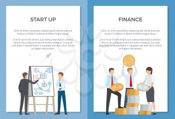 Startup and finance collection of cartoon banners. Vector illustration of two men discussing new project and diligent employees holding large coins