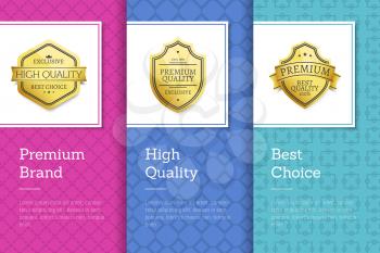 Premium brand high quality best choice golden labels set of logos design on colorful posters with text vector collection on abstract purple and blue