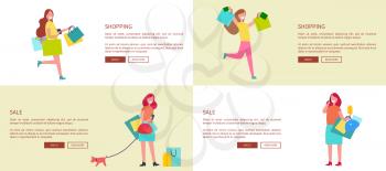 Set of four web-pages representing shopping women with bags and presents for their families as well as text and buttons sample vector illustration