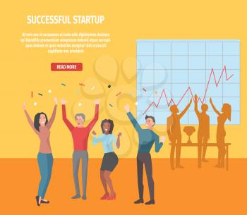 Internet page with full information about successful startup concept. Cartoon office employee characters celebrate success vector illustration. Instructions that lead to stated business goal.