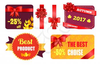 Gift cards design with decorative bows, best product certificates, autumn 2017 choice posters with percent sign vector illustration collections
