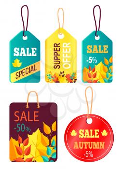 Tags hanging with text sale, discount buy now hot price promo posters with percent signs, advertisement labels vector, sales promotion in fall concept