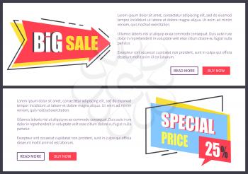 Big sale and special price -25 off, set of pages with headlines in square and arrow, text sample and buttons on vector illustration
