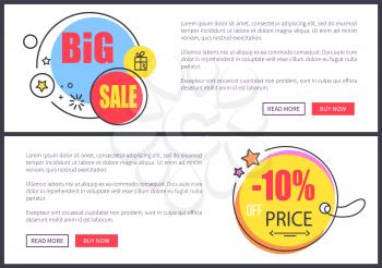 Big sale -10 off price web pages, circles with headlines inside, icons of stars and presents, text sample and two buttons vector illustration set