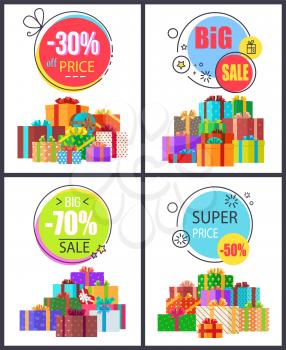 Big sale super price advert with round signs and discount values on white background. Vector illustration contains wrapped gift boxes