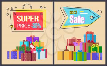 Super price best sale hanging labels on laces decorated with stars, promo stickers on vector illustration posters with gift boxes on beige background