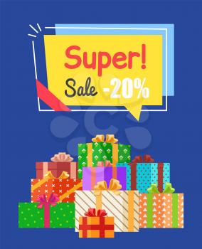 Super sale -20 off sign with discount proposition in bright yellow label. Vector illustration with sign pointing at colorful gift boxes