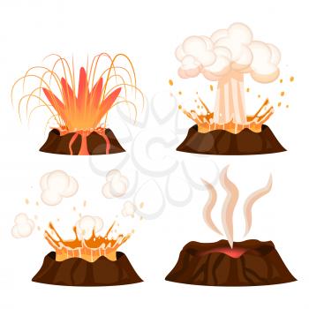 Volcanic eruption stages vector illustrations set. Steaming volcano, hot burning lava approach, splash and spreading isolated on white background. Vulcanology concept in flat design cartoon style
