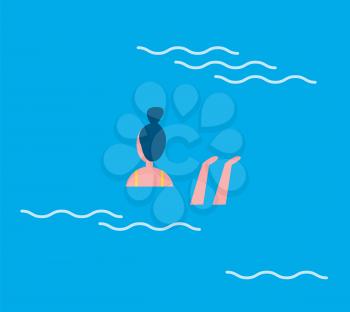 Woman swimming in blue water with waves. Relaxation and refreshment on holidays female floating in basin. Active lifestyle and hobby of person vector