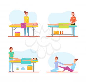Massage treatment of patients isolated icons vector. Back and facial, foot relieving techniques, body care be masseuse using aroma candles relaxation