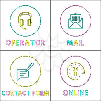 Operator icon posters set and colorful headlines. Supporting services for people, contact info paper with pen to fill it, online vector illustration