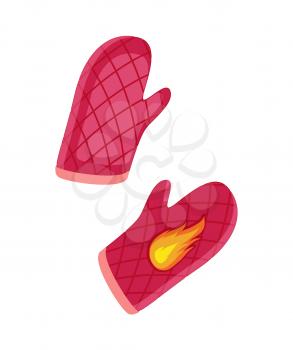 Couple of oven-glove, vector badges in cartoon style. Mitten of dense tissue with rhombus and flame pattern, isolated kitchen accessories emblems