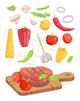 Meat served on board isolated icons set vector. Vegetables and roasted steak mushroom and corn. Garlic and pepper onion rings and herbs paprika veg