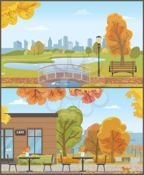 Autumn parks with bridge over pond and cafe. Fall landscape of color leaves on tree, wooden bench, tables near bistro building vector illustrations.