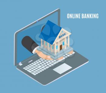 Online banking poster laptop vector poster with text and human hands holding bank building. Financial institution connected to money and payments