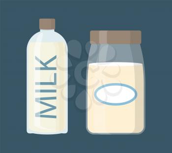 Milk dairy product in glass bottles isolated vector. Calcium and vitamins, nutrients in organic natural drink with lactose. Liquid full of proteins