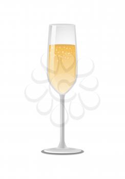 Glass of champagne classical luxury alcohol drink in elite glassware, fizzy expensive winery refreshing beverage with bubbles, vector illustration isolated