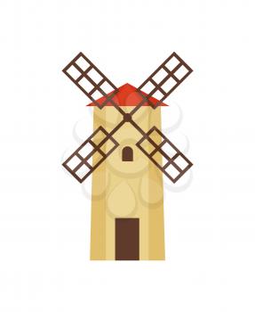 Windmill icon isolated on white background poster, colorful vector illustration of building with wooden paddles, factory for grinding wheat to flour