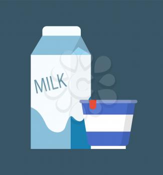 Milk dairy, product in carton package and sour cream in plastic container. Isolated icons set of meal full of vitamins, pasteurized production vector