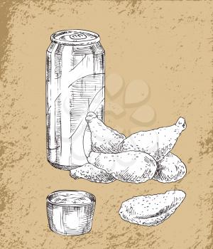 Beer in aluminum can and fried chicken drumsticks served with sauce. Monochrome sketches outlines set. Fast food and beverage vector illustration