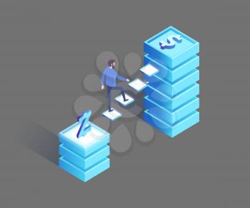 Man walking from Polish Zloty to dollar pedestal, financial choice for future. Earning money in international currency concept 3D isometric icons vector