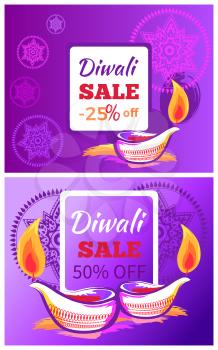 Diwali sale -50 -25 off sign with festive candle on purple background with mandalas. Vector illustration with discount dedicated to festival of lights