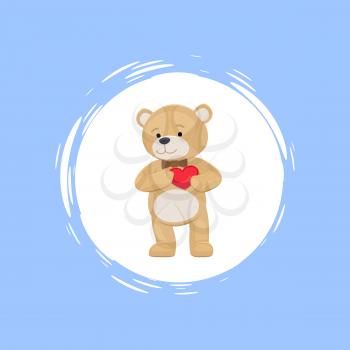 Teddy bear with heart in paws in cartoon style vector banner isolated on pale. Plush beige animal in butterfly necktie cute standing simple design toy